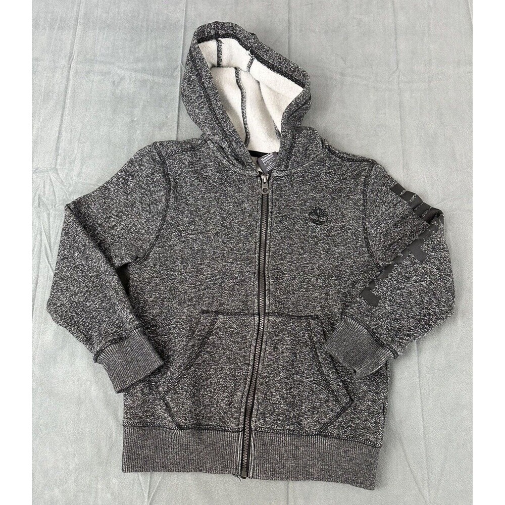 Timberland Full Zip Hoodie Boys Small Gray Charcoal Spell Out Sleeve Logo